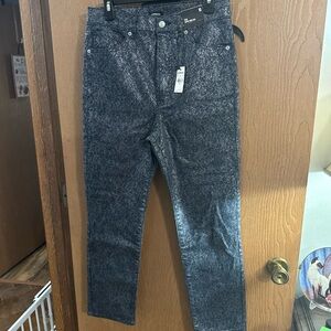 Express Slim Super High Rise Jacquard Silver Metallic Blue Jeans, Size 10 NWT